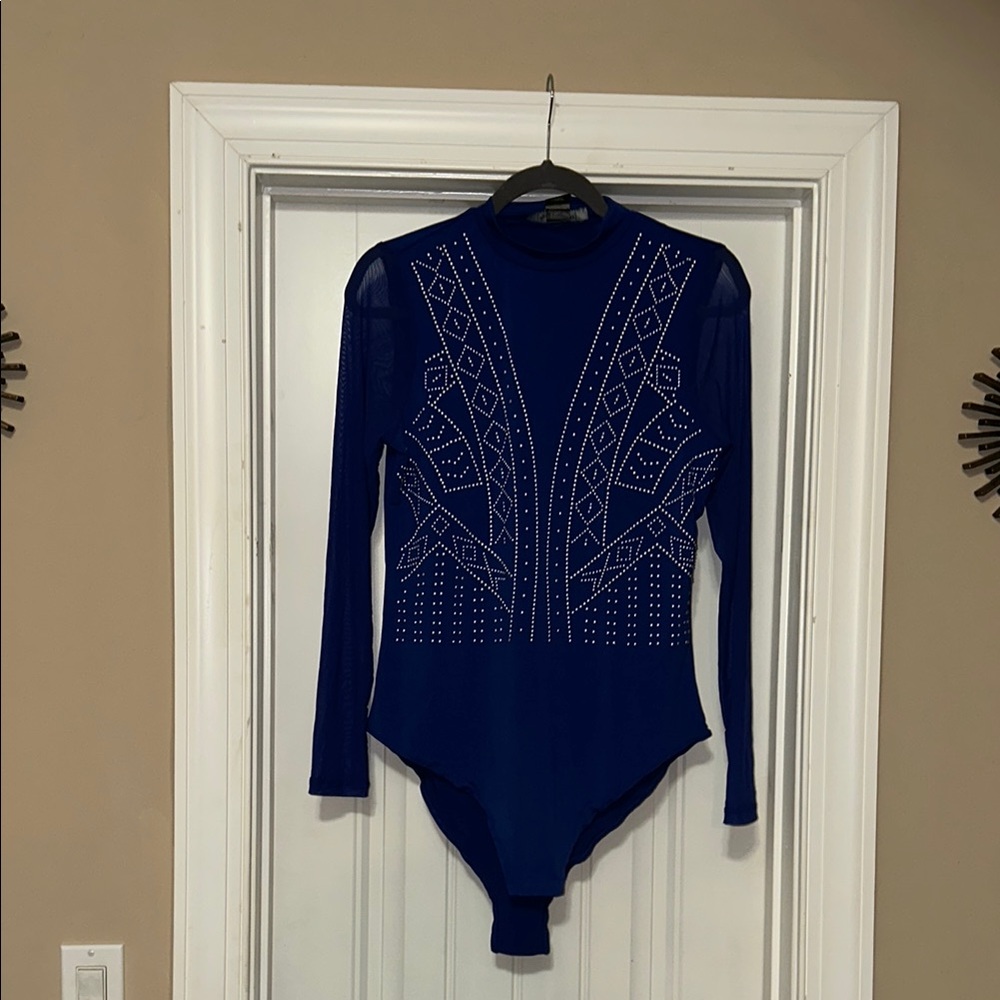 Navy Blue Long Sleeve Bodysuit with Studded Design